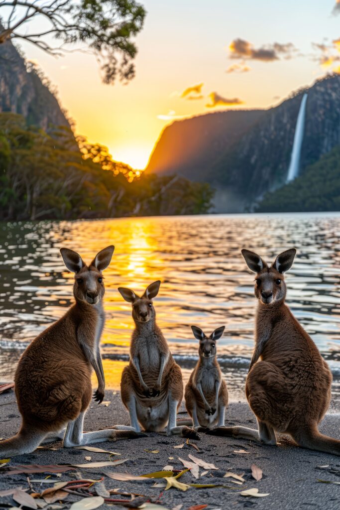 Grupo de canguros al atardecer en Australia — requisitos de visa de turismo y tránsito para chilenos