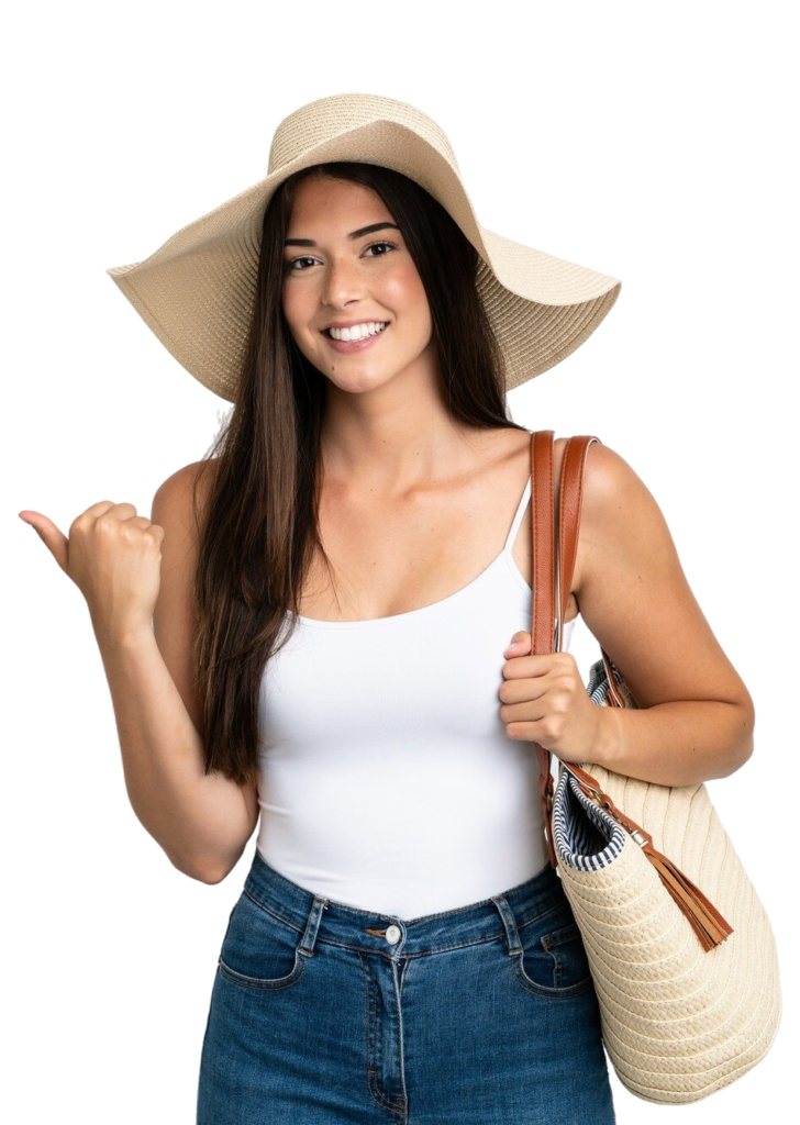 Mujer joven sonriente con sombrero señalando opciones de visas internacionales.